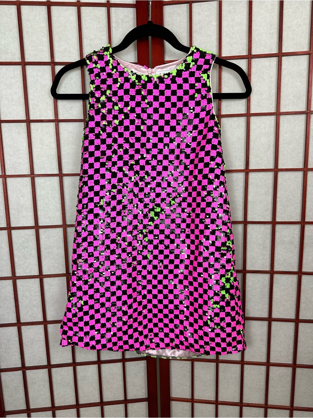 Lola and The Boys Neon Hot Pink Black Checkered Green Sequin A Line Dress